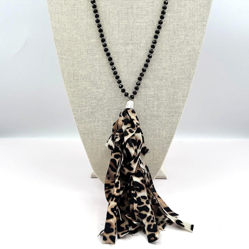 Vintage Y2K Black Beaded Leopard Print Tassel Necklace Boho Statement Jewelry